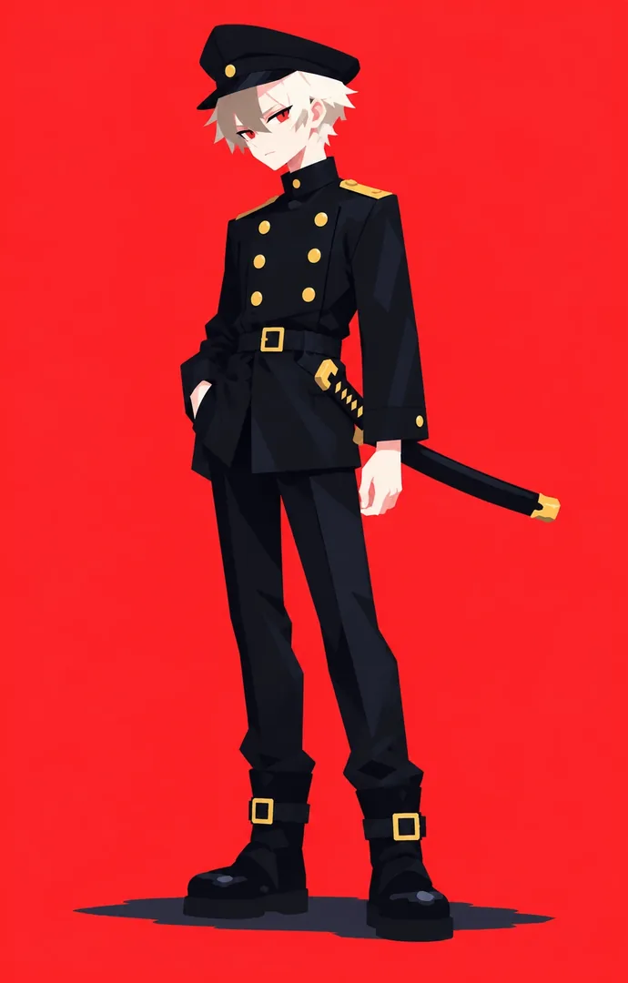 El Cadete Carmesí con uniforme negro y katana
